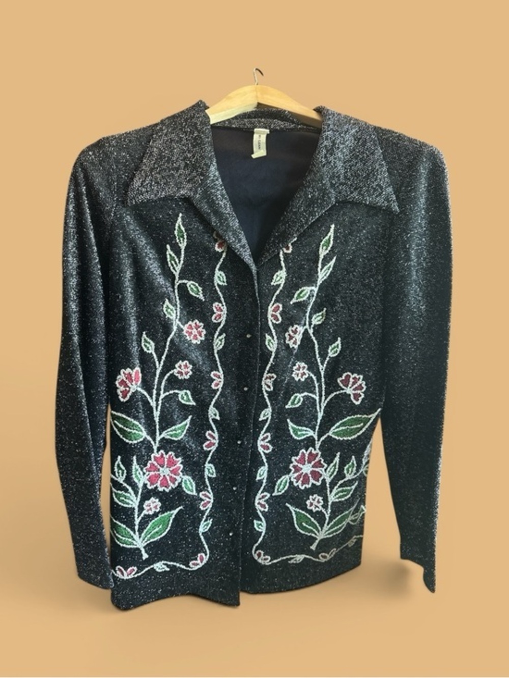 Sparkle Black Floral Button-Front Beaded Shimmer Women's 14 Long Sleeve Blouse